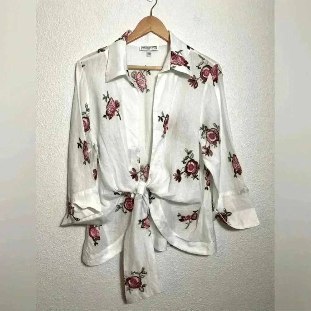 100% Linen floral embroidered tie front bow knit shirt-beach Italy rose boho